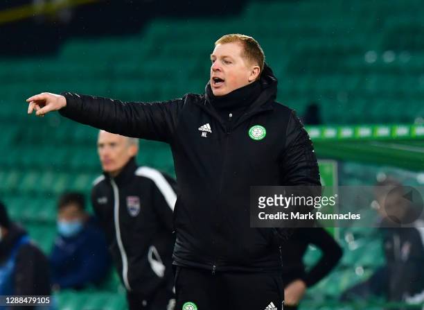 Neil Lennon, Manager of Celtic reacts during the Betfred Cup match between Celtic and Ross County at Celtic Park on November 29, 2020 in Glasgow,...