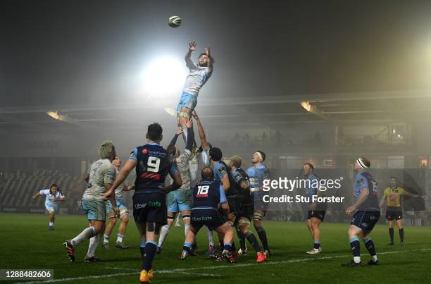 Glasgow Warriors player Ryan Wilson wins a lineout ball during the Guinness PRO14 match between Cardiff Blues and Glasgow Warriors at Rodney Parade...