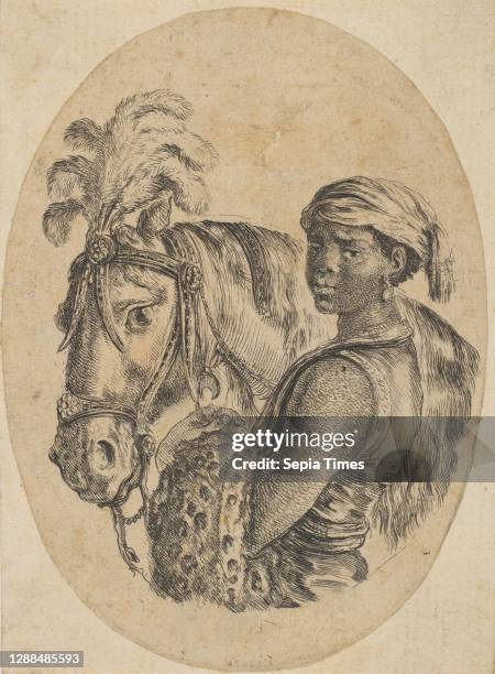 Black slave carries a leopard pelt and holds the bridle of a horse, from 'Several heads in the Persian style' , 1649–50, Etching; second state of...
