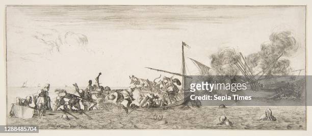 Naval battle, a rowboat filled with people fighting with muskets to left, people drowning in the sea in the center and right foreground, a ship on...