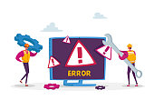 System Error, Website Under Construction. 404 Page Maintenance. Tiny Male Workers Characters in Uniform with Wrench
