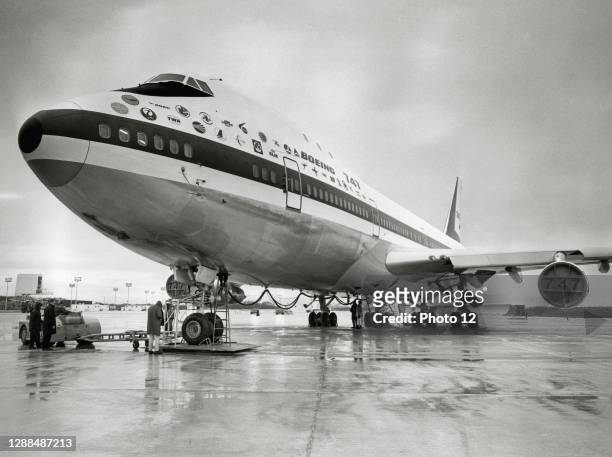 The Boeing 747, the first mass-produced American commercial jet airliner and cargo aircraft, before its first flight in February 1969.