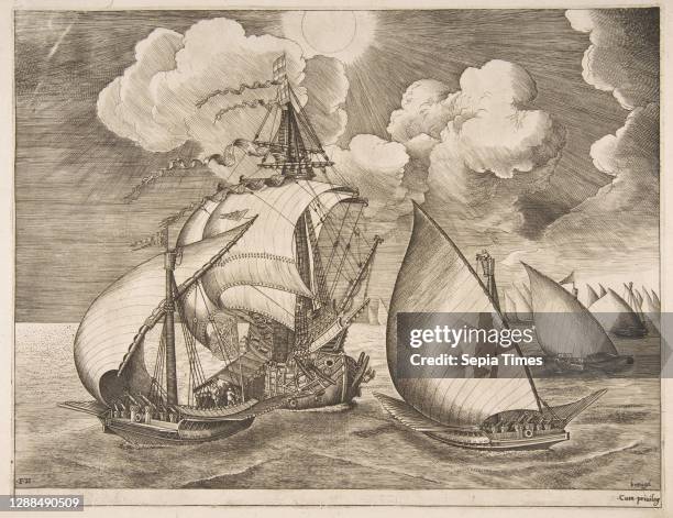 Fleet of Galleys Escorted by a Caravel from The Sailing Vessels, 1561–65, Engraving and etching, Sheet: 8 3/4 x 11 7/16 in. , Prints, After Pieter...