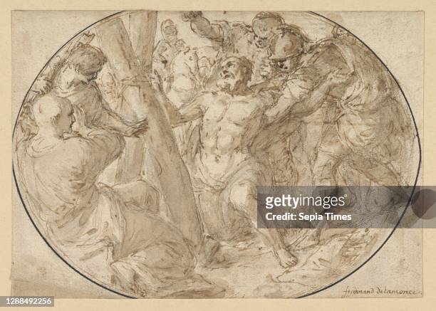 Martyrdom of St. Andrew, n.d., Pen and brown ink, brown wash, over black chalk. Oval framing lines in pen and black ink., 5 3/16 x 7 3/4 in. ,...