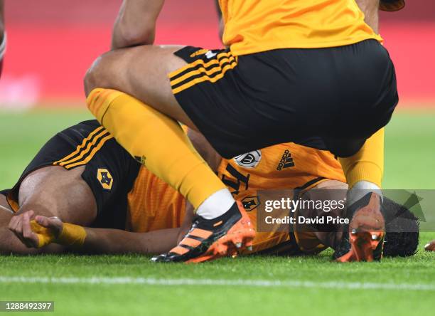 Raul Jimenez of Wolves injured on the pitch during the Premier League match between Arsenal and Wolverhampton Wanderers at Emirates Stadium on...