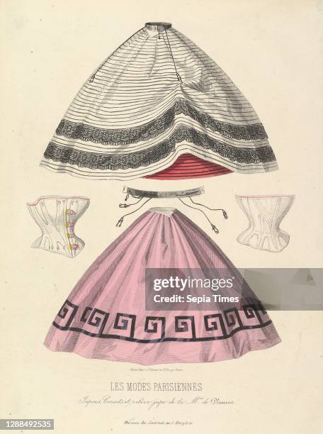 Jupons, corsets et relève jupe de la Maison de Plument, from Les Modes Parisiennes Illustrées Steel engraving with hand coloring, Sheet: 10 5/8 x 7...