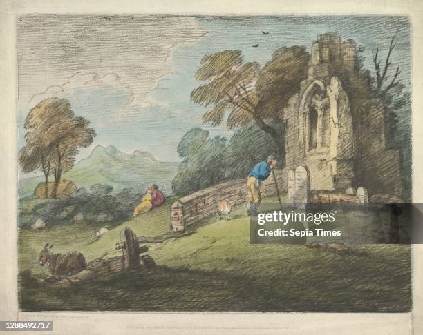 Wooded Landscape with Peasant Reading Tombstone, Rustic Lovers and Ruined Church, August 1 Soft-ground etching, hand-colored; fourth state of four,...