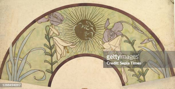 Design for a Fan with Sunburst, Lilies, and Irises, late 19th–mid-20th century, Watercolor and gold paint over graphite, 11 15/16 x 23 3/8in. ,...
