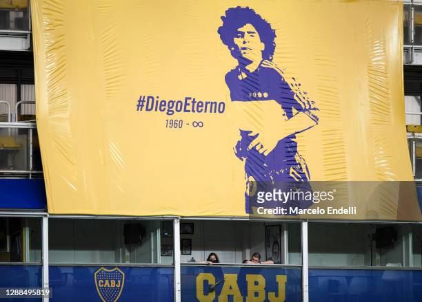 Dalma Maradona daughter of Diego Maradona watches from her father's box the tribute to the late football legend during a match between Boca Juniors...