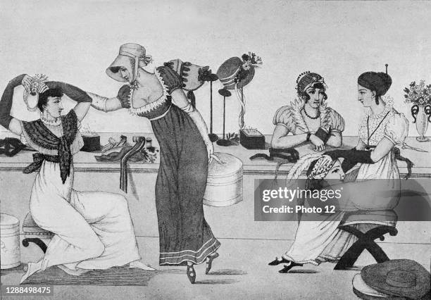 Milliner’s workshop in Paris at the time of Napoleon. Louis Barron, Paris Pittoresque 1800-1900. La Vie - Les Moeurs - Les Plaisirs, Paris, Societe...