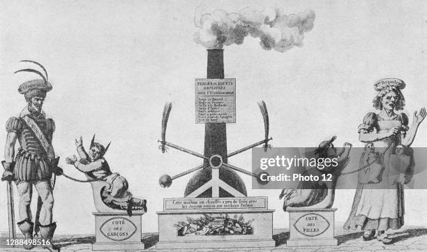 Steam engine for punishing quickly boys and girls. The engraving relates to the recent invention of the steam machine. Louis Barron, Paris...