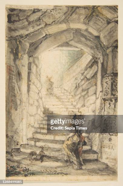 Escalier , 1778–79, Black chalk, pen and black and brown ink, watercolor, and touches of gouache, on off-white laid paper, Sheet: 7 3/8 x 4 7/8 in. ,...
