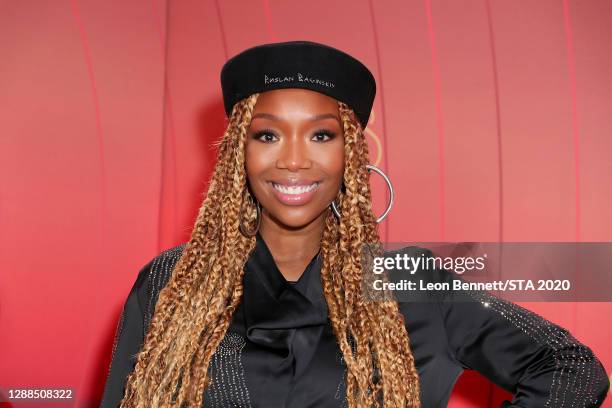 In this image released on November 29th, Brandy attends the 2020 Soul Train Awards presented by BET.