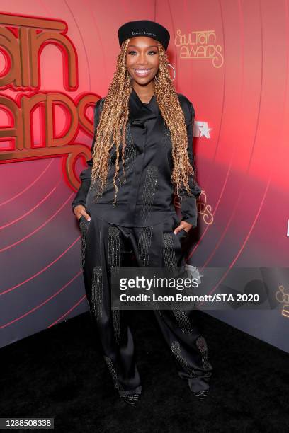 In this image released on November 29th, Brandy attends the 2020 Soul Train Awards presented by BET.