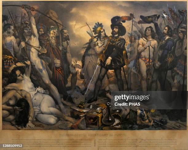 Conquest of Mexico. Hernan Cortes destroying his fleet at Vera Cruz in 1519. Romantic depiction about the arrival of the Spaniards in Mexico,...