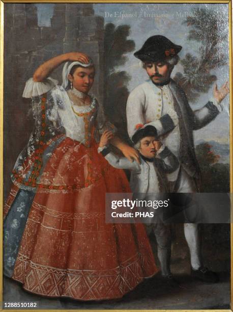 Andres de Islas .Castas, No. 1. De espanol e india, nace mestizo , 1774. Oil on canvas . Casta Paintings. Viceroyalty of New Spain. Mexican School....