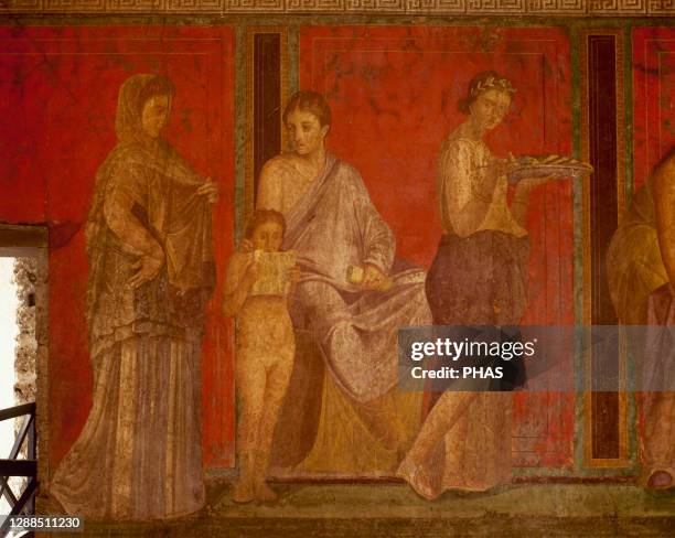 Pompeii. Villa of the Mysteries. Ancient Roman suburban Villa. Frescoes depicting a bride initiating into a Bacchian Mysteries in preparation for...