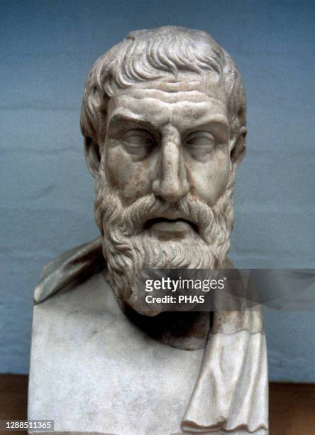 Epicurus . Ancient Greek philosopher. Bust. Marble. From Villa Casali, Rome . British Museum. London, England, Great Britain.