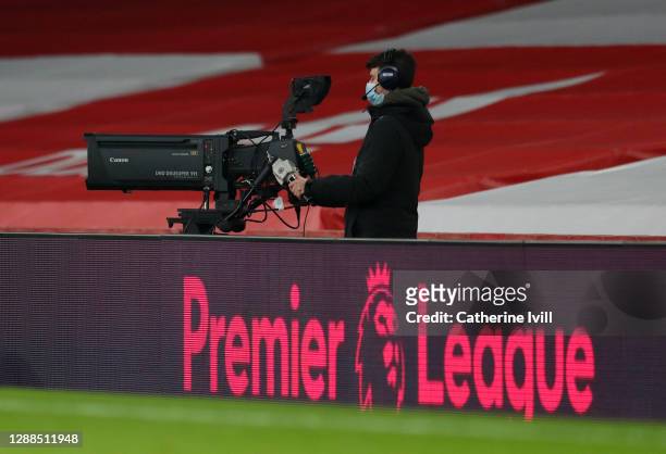 Television camera behind the Premier League logo during the Premier League match between Arsenal and Wolverhampton Wanderers at Emirates Stadium on...