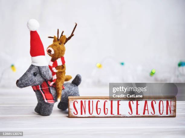 christmas background with little gray felt dog giving reindeer a piggy back - dachshund holiday stock pictures, royalty-free photos & images