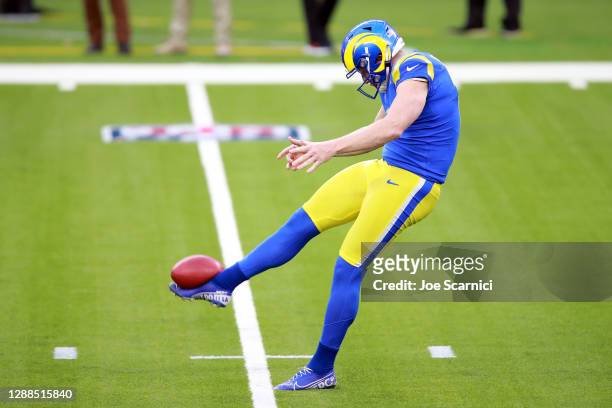 Johnny Hekker of the Los Angeles Rams punts during the second half against the San Francisco 49ers at SoFi Stadium on November 29, 2020 in Inglewood,...