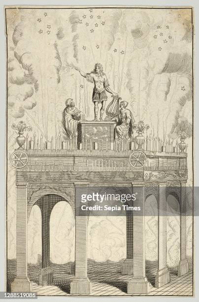 Drawings and Prints, Print, Fete, Ornament & Architecture, Triumphal arch with sculpture of Louis XIV as Apollo and fireworks in the background,...