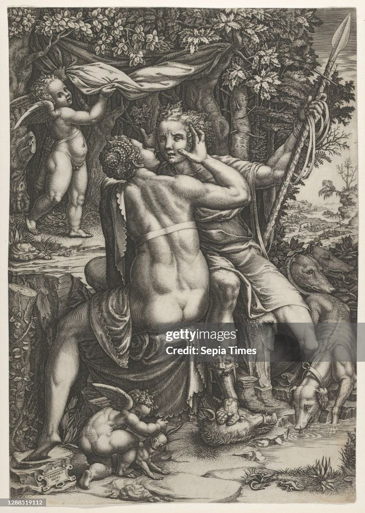 Venus and Adonis, ca. 1570, Engraving, Sheet: 12 5/8 x 8 7/8 in. (32 x 22.5 cm), Prints, Giorgio Ghisi (Italian, Mantua ca. 1520–1582 Mantua), After Teodoro Ghisi (Italian, 1536–1601), In his narrative poem 'Metamorphoses' Ovid tells us that Venus, gra