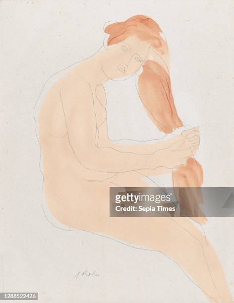 Avec des gestes lents et charmants, Clara lissa l'or roux de ses cheveux..' Color lithograph, sheet: 12 13/16 x 9 15/16 in. , Prints, Auguste Rodin .
