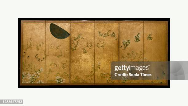 Moon and Autumn Grasses, Edo period , mid- to late 17th century, Japan, Pair of six-panel folding screens; ink, color, silver, and gold flecks on...
