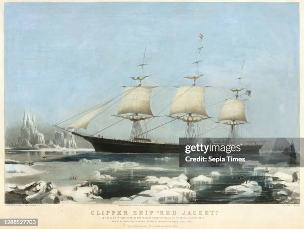Clipper Ship 'Red Jacket' – In the Ice off Cape Horn, on Her Passage from Australia, to Liverpool, August 1854 Hand-colored lithograph, plate: 21 1/4...
