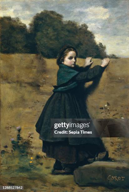 The Curious Little Girl, 1860–64, Oil on cardboard, laid down on wood, 16 1/4 x 11 1/4 in. , Paintings, Camille Corot , Although Corot’s celebrity...