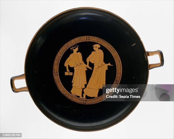 Terracotta kylix , Classical, ca. 460–450 B.C., Greek, Attic, Terracotta; red-figure, Overall: 6 in. , Vases, Interior, two schoolgirls, Exterior,...