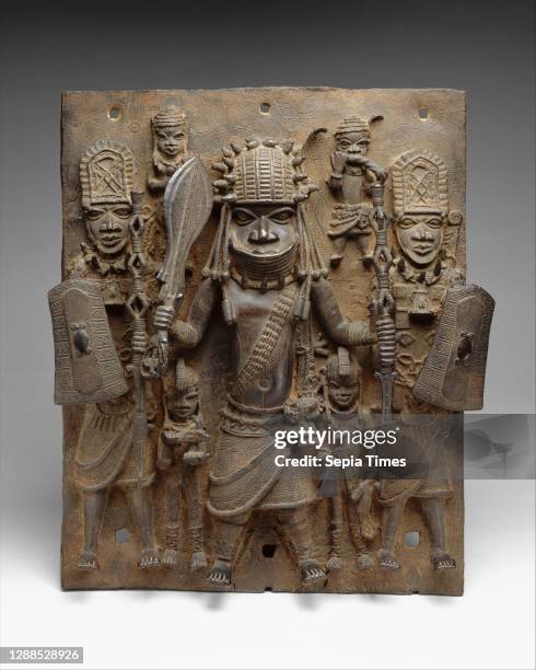 Warrior and Attendants, 16th–17th century, Nigeria, Court of Benin, Edo peoples, Brass, H. 18 3/4 in. , Metal-Sculpture, During the sixteenth and...
