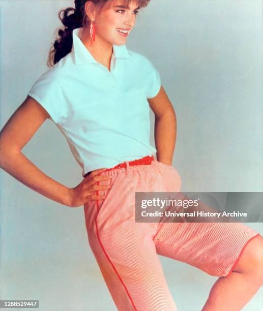 Brooke Shields, Three-Quarter Length Fashion Portrait modeling an outfit from her McCall's Brooke Shields Signature Collection, 1983.