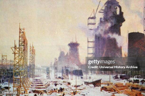 The morning of the five-year plan. Artist Y.D. Romas. The construction of the Magnitogorsk Iron and Steel Works.