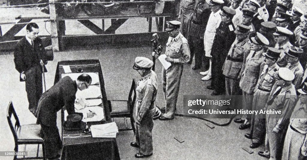 Representative of the Japanese Foreign Minister M. Shigemitsu signs the Japan Surrender Act. September 2, 1945