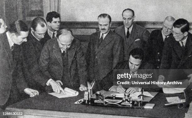 Chairman of the Peoples Commissars of the USSR, Stalin, US President F. Roosevelt, British Prime Minister W. Churchill at the Tehran Conference. 1943.