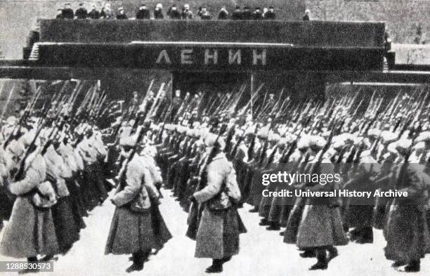 Military parade on Red Square on November 7, 1941. From the Mausoleum of V.I. Lenin's troops went to the front.