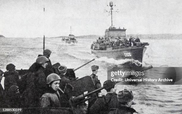 Ships of the Northern Fleet with paratroopers on the way to Petsamo, Finland. October 1944.