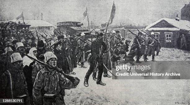 Protesters march during the February 1917, Russian revolution. From the picture of I. Vladimirov.