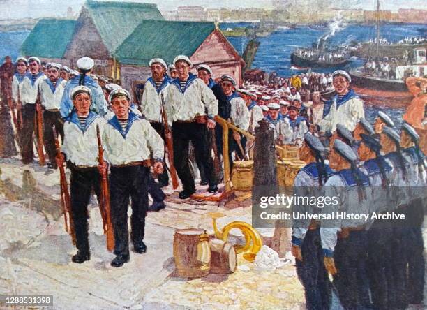 Illustration showing the Kronstadt Rebellion or Kronstadt mutiny of 1921. This insurrection by Soviet sailors, soldiers and civilians of the port...