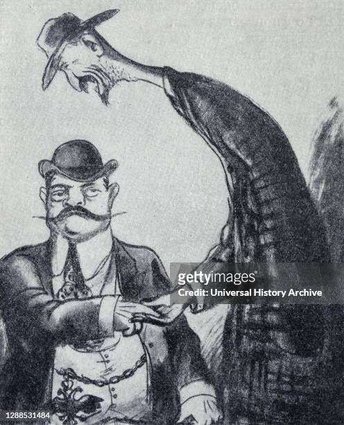 Satirical cartoon showing a handshake between capital and labour during the Russian Revolution. Represented by A.A. Bublikov a railway magnate, and...