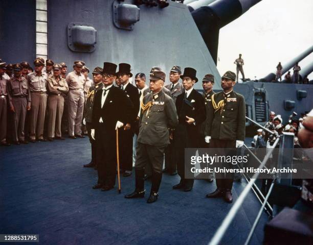 Surrender of Japan, Tokyo Bay, 2 September 1945: Representatives of the Empire of Japan on board USS Missouri, during the surrender ceremonies....