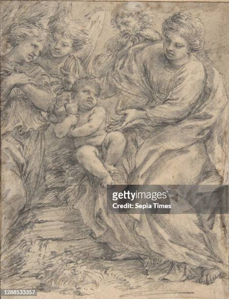 The Holy Family with Two Angels, 1598–1654, Black chalk on off-white laid paper; framing outline in pen and dark brown ink; glued onto a secondary...