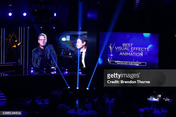 Tim Crosbie accepts the AACTA Award for Best Visual Effects or Animation via video link during the 2020 AACTA Awards presented by Foxtel at The Star...