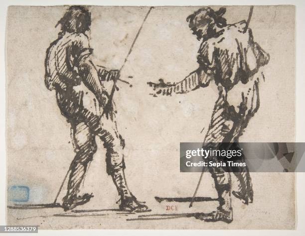 Two Men Holding Long Staffs ; Proof impression of part of an etching, and scribbles in the artist's hand , 1720–78, Pen and brown ink, 6 9/16 x 8...