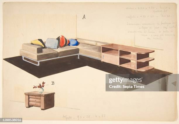 Divano, seoffale, e stipetto [Perspective of L-Shape Sofa and Storage Unit] Watercolor and black and metallic ink, over graphite, Sheet: 11 1/8 × 7...