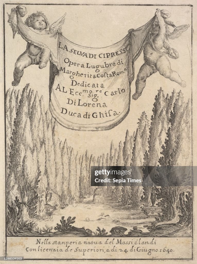 Frontispiece for 'The Cypress Forest' (La selva di cipressi): two putti hold a tapestry in center