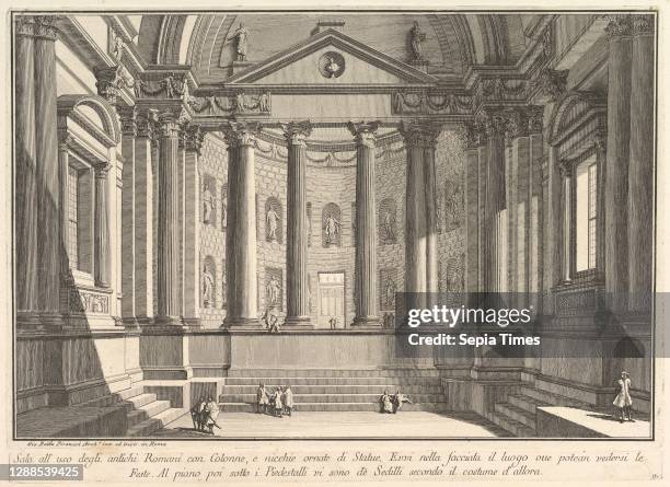 Colonnaded hall according to the custom of the ancient Romans, and niches adorned with statues , ca. 1750, Etching, Plate : 9 5/8 × 14 7/16 in. ,...