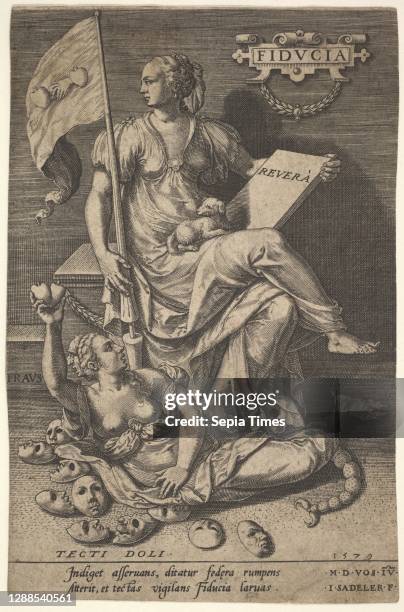 Fiducia, a seated woman holds a book and banner while turning her head away from a bare-breasted woman, who lies at her feet before an assemblage of...